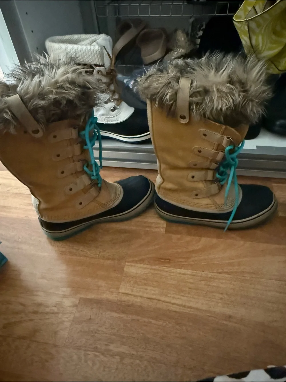 Sorel Tan & Black Winter Boots with Teal Laces and Faux Fur Cuff